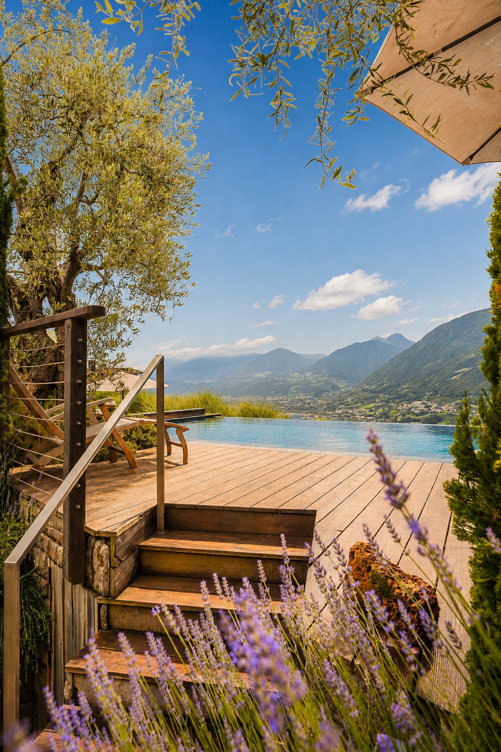 Spätsommerlicher Infinity-Pool in der warmen August- und Septembersonne