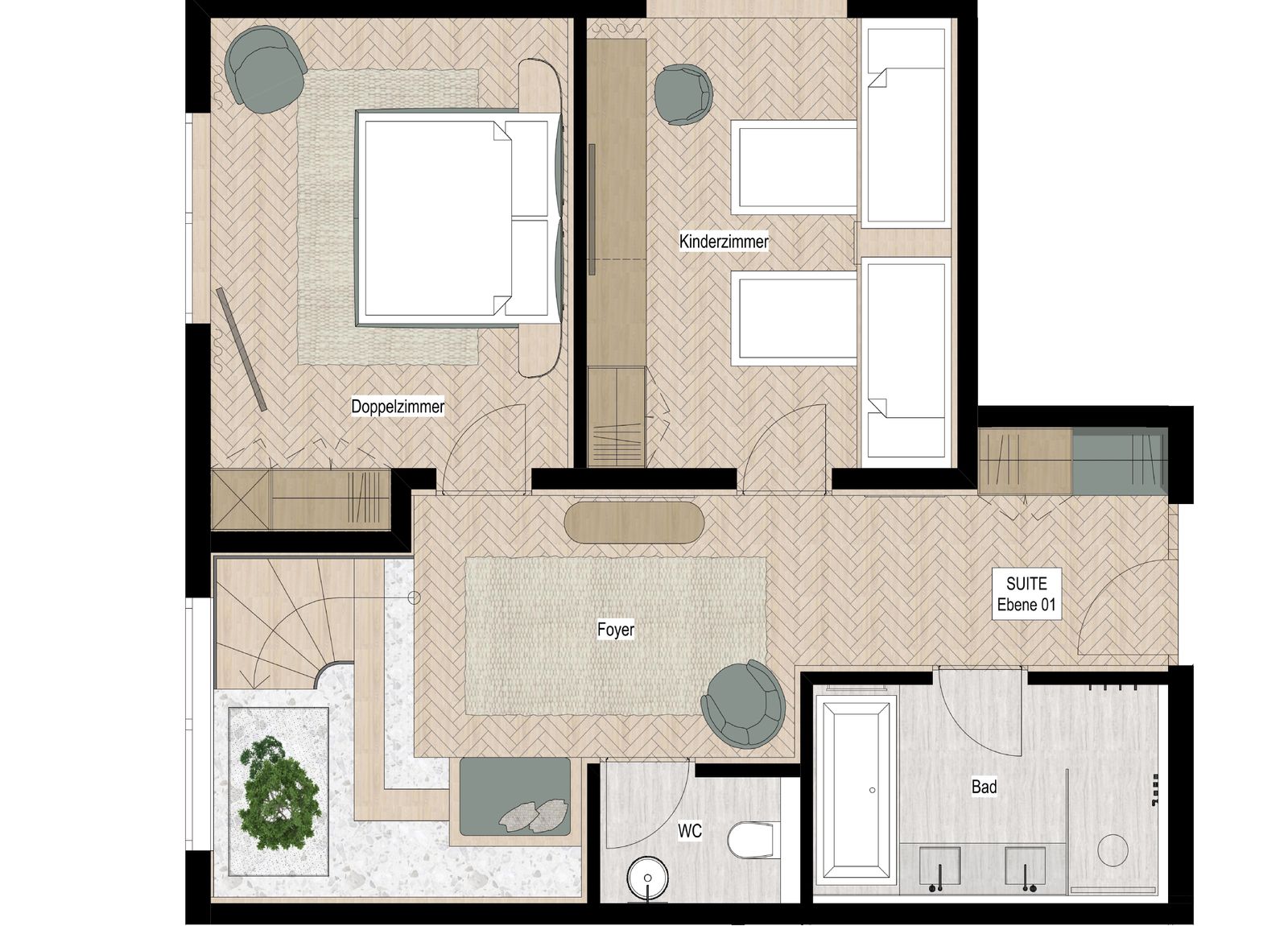 Grundriss der ersten Etage der Berg Loft Suite mit Kinderzimmer, Schlafzimmer, Badezimmer, separatem WC und Treppenaufgang in die zweite Etage.