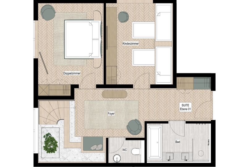 Grundriss der ersten Etage der Berg Loft Suite mit Kinderzimmer, Schlafzimmer, Badezimmer, separatem WC und Treppenaufgang in die zweite Etage.