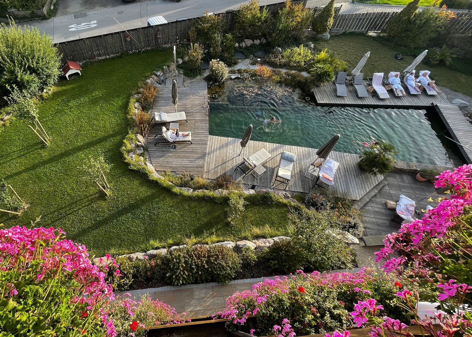 Natural pool view from the junior suite “Gipfelglück” category Superior