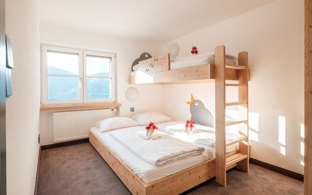 Kinderhotel Allgäuer Berghof – Kinderzimmer der Familiensuite Piepmatz mit Blick auf die Allgäuer Alpen