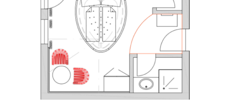 Grundriss des Doppelzimmer "Kuschelnest" mit großem, herzförmigen Bett und Badezimmer.