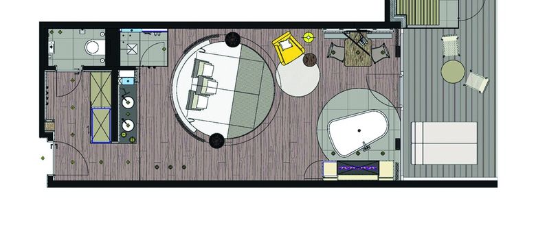 Grundriss der "Romantik-Suite Deluxe" mit großem runden Kuschelbett, Regendusche, Effektkamin, freistehender Whirlwanne und Sauna auf dem großzügigen Balkon.