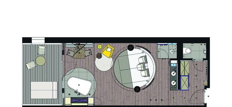 Grundriss der "Romantik-Suite" mit großem runden Kuschelbett, Regendusche, Effektkamin, freistehender Whirlwanne und großzügigem Balkon.