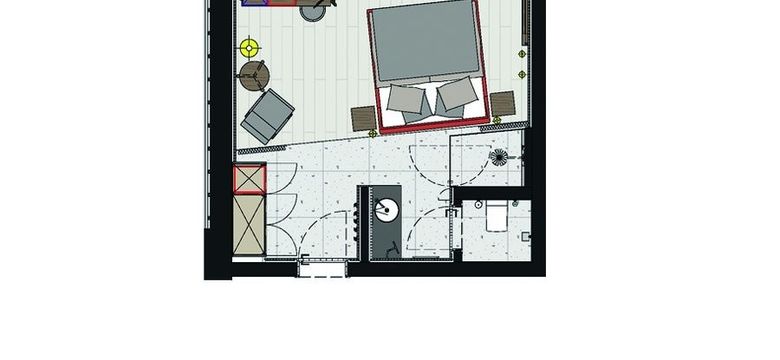 Grundriss des Doppelzimmer "süße Träume" mit Kuschelbett, Schreibtisch und Badezimmer.