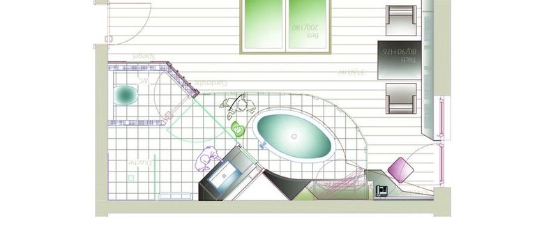 Grundriss des Wohlfühlzimmer "Harmonie" mit großem Doppelbett, freistehender Badewanne und Badezimmer.