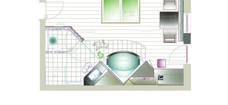 Grundriss des Wohlfühlzimmer "Harmonie Deluxe" mit Kuschelbett, Whirlwanne und Badezimmer.