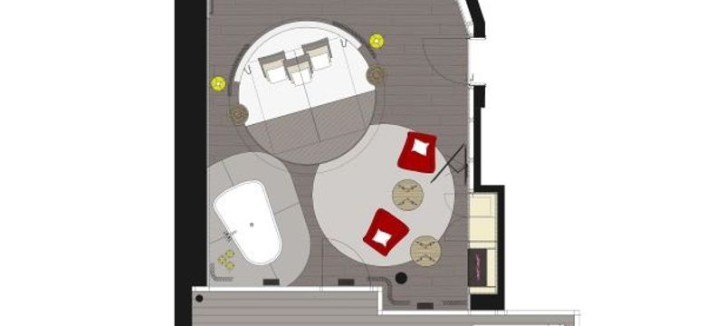 Grundriss der "Loveness-Suite" mit eigener Sauna, Effektkamin, großem runden Kuschelbett und Sitzecke.