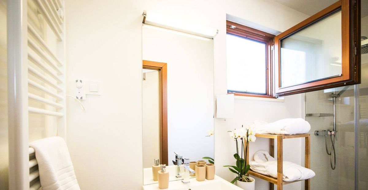 Badezimmer im Ferienhaus im Weingarten-Resort Unterlamm Loipersdorf im Thermen- und Vulkanland 5/6