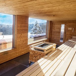 Panoramasauna mit Ausblick Winterlandschaft