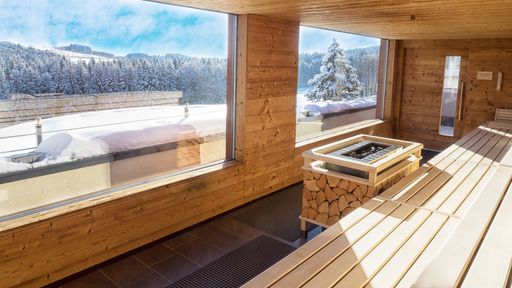 Panoramasauna mit Ausblick Winterlandschaft