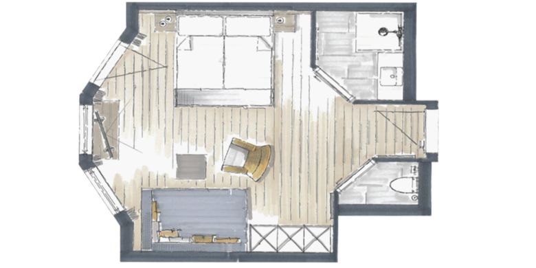 Der Grundriss im Studio SÜDFLÜGEL in der HOCHKÖNIGIN zeigt das stilvolle Zusammenspiel von modernem Design, natürlichen Materialien und durchdachter Raumaufteilung. Ein Refugium für stilbewusste Gäste im Herzen von Maria Alm.