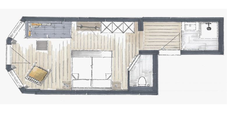 Grundriss des Studio WESTFLÜGEL im Hotel die HOCHKÖNIGIN in Maria Alm mit Schlafzimmer, Wohnbereich, Bad und Balkon.
