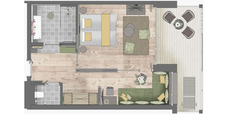 Moderner Grundriss der Premium Suite im Hotel die HOCHKÖNIGIN in Maria Alm: großzügiges Schlafzimmer, edler Wohnbereich, moderner Badbereich mit Dusche und Badewanne sowie sonniger Balkon. Ideal für Paare, die stilvollen Komfort und viel Raum zum Entspannen suchen.