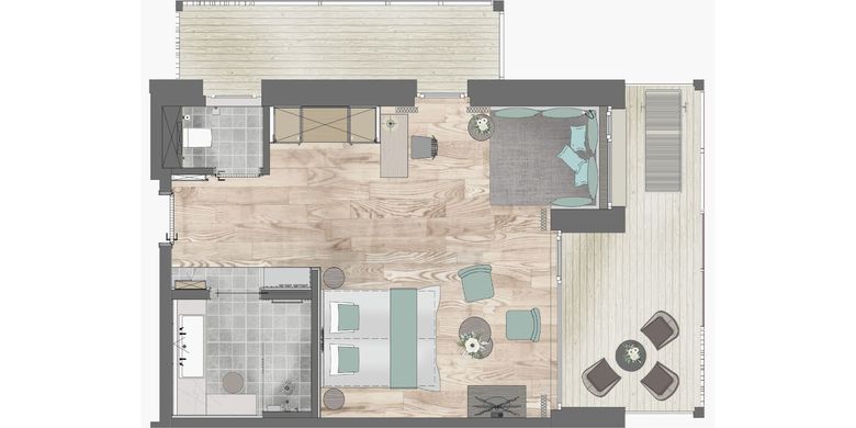 The Star Suite floor plan at the HOCHKÖNIGIN Hotel in Maria Alm reveals a sophisticated layout with two bedrooms, elegant bathrooms and a spacious living area. A modern and stylish retreat for families or couples in the heart of the Austrian Alps.