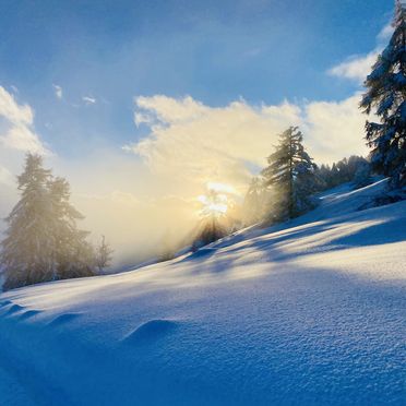 Winter-Panorama, Chalet Flöna, Scuol, Graubünden, Schweiz