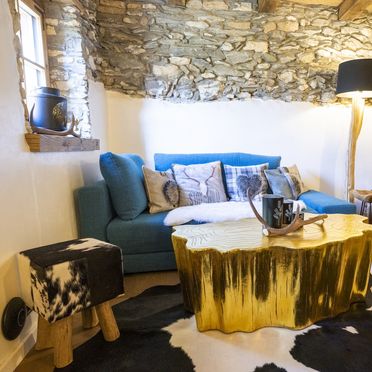 Living area, Chasa Sentima, Sent, Grisons, Switzerland